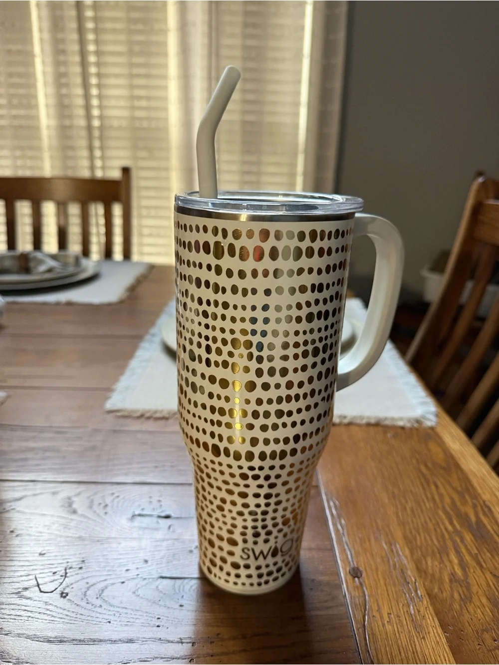 Swig White and Gold Dot Travel Tumbler with Handle